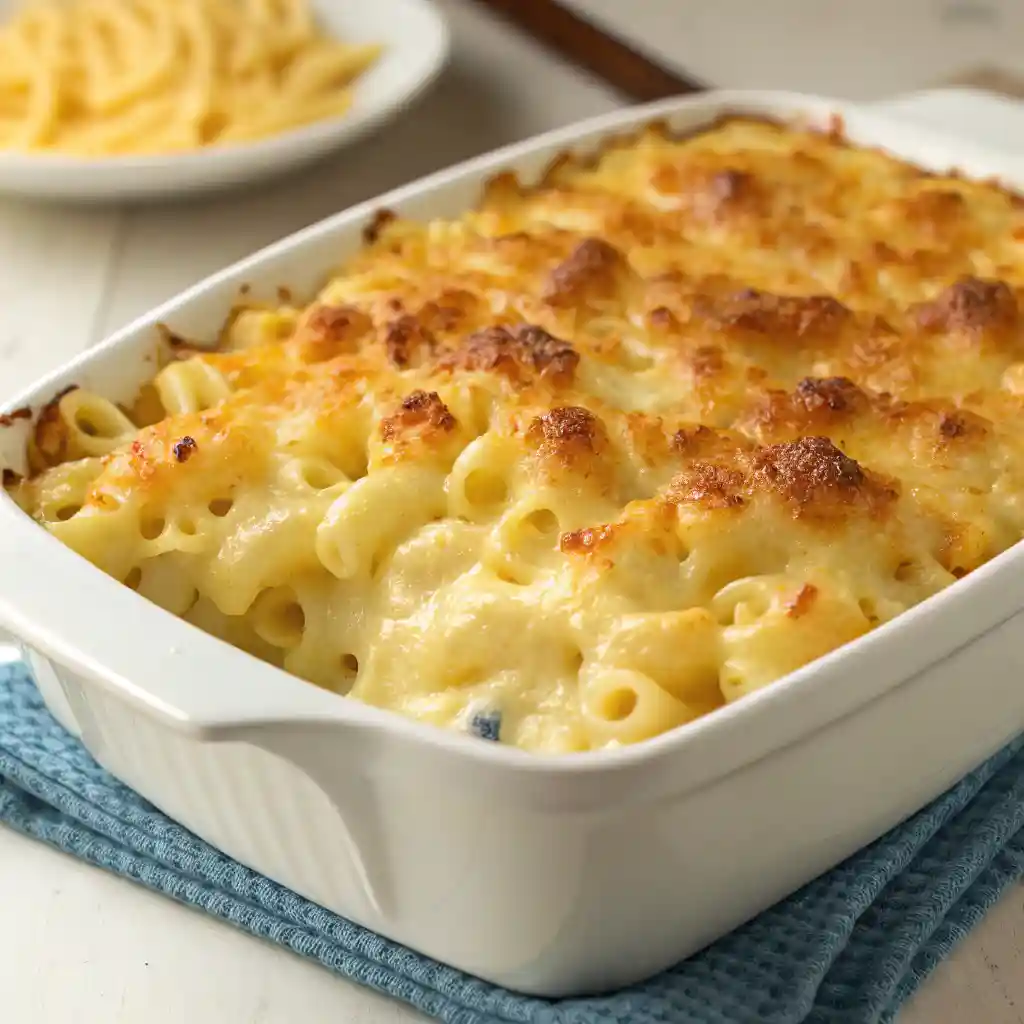 Cheesy baked mac and cheese in a casserole dish with a golden, crispy breadcrumb topping, fresh out of the oven.