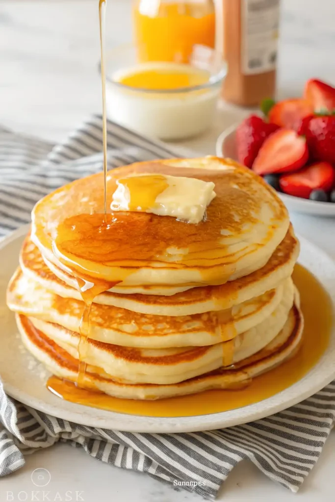 Stack of fluffy pancakes recipe topped with butter and syrup, with fresh berries and juice in the background.