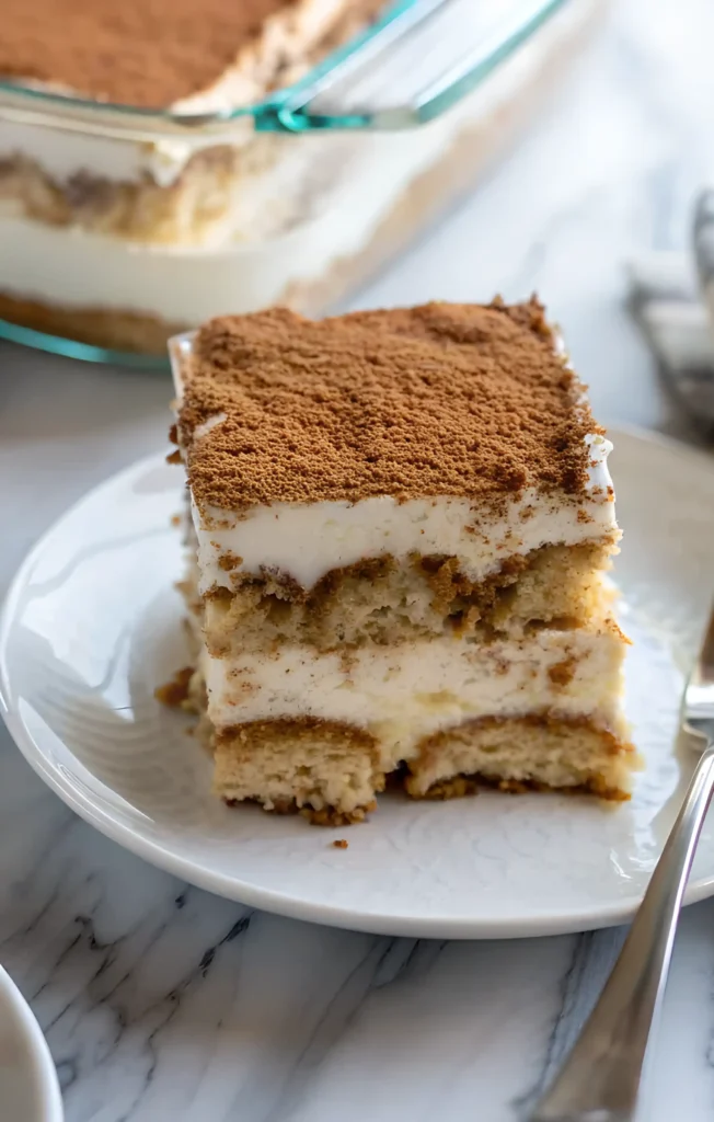 Slice of easy tiramisu on a white plate with cocoa topping