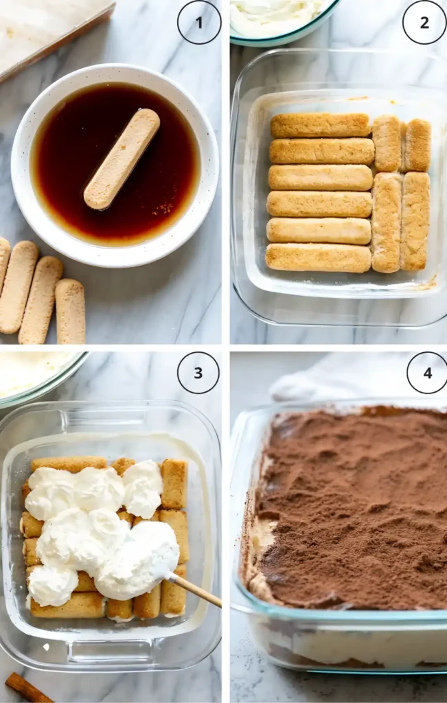 Step-by-step collage showing how to make no bake tiramisu with ladyfingers, mascarpone cream, and cocoa powder