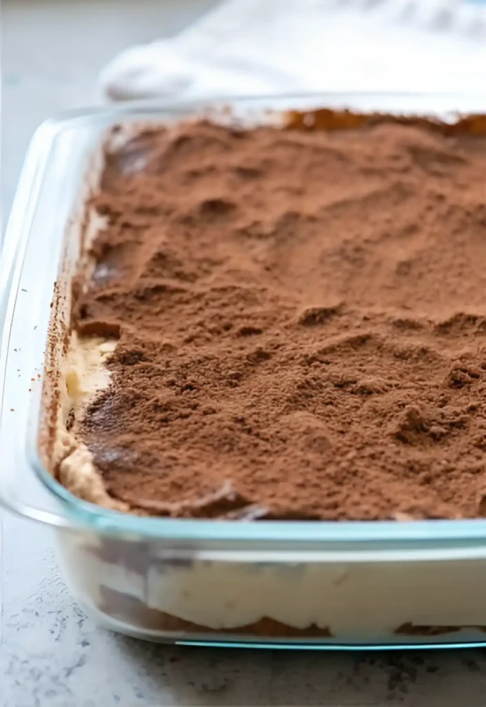 Glass dish of classic tiramisu topped with a generous dusting of cocoa powder