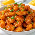 Crispy orange chicken in a white bowl topped with chopped green onions and surrounded by fresh lemon halves