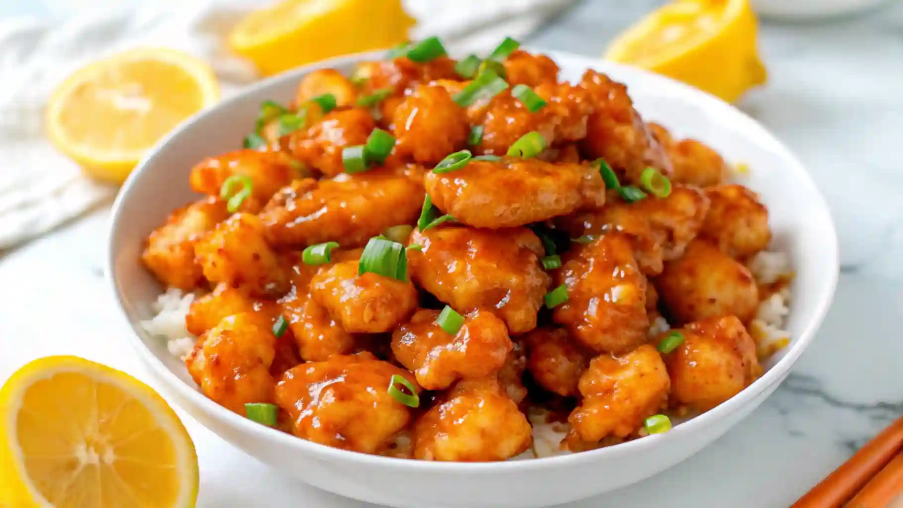 Crispy orange chicken in a white bowl topped with chopped green onions and surrounded by fresh lemon halves