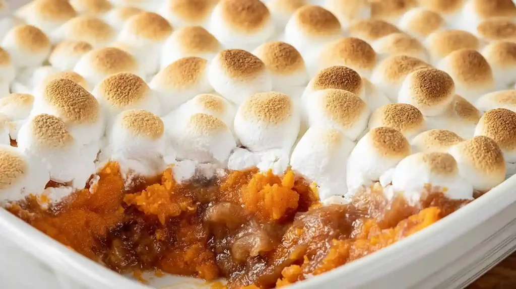 Sweet potato casserole topped with golden-brown toasted marshmallows in a white baking dish