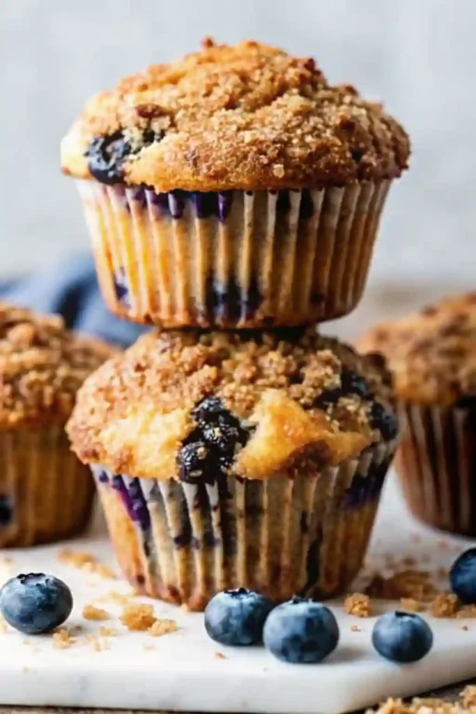 Stacked blueberry muffins with golden sugar tops and fresh blueberries on a white surface.