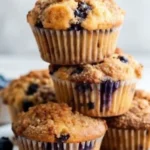 Freshly baked blueberry muffins with crumb topping stacked on a white surface, surrounded by loose blueberries.