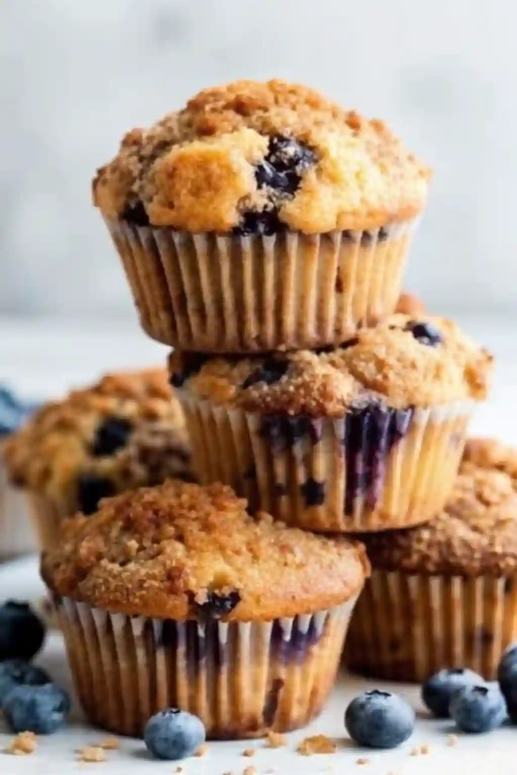 Freshly baked blueberry muffins with crumb topping stacked on a white surface, surrounded by loose blueberries.