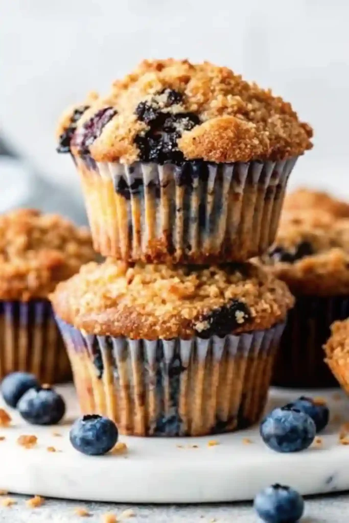 Easy blueberry muffins stacked on a white plate with crumb topping and fresh blueberries scattered around.
