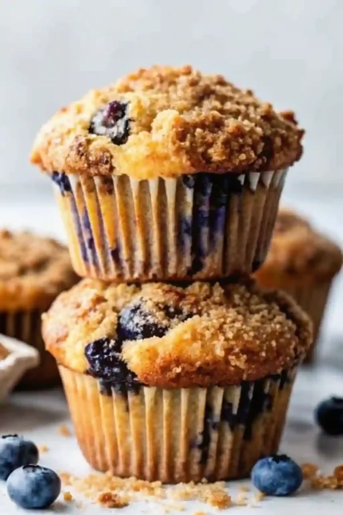 Fluffy blueberry muffins stacked with golden crumb topping and fresh blueberries scattered on a white surface.