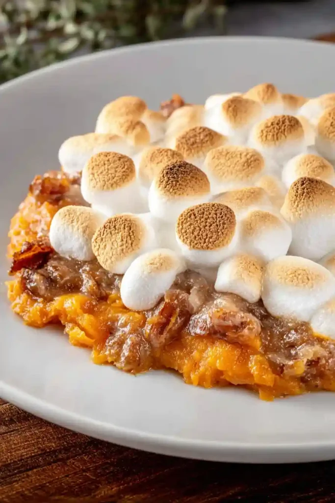 Close-up of sweet potato casserole served on a plate with pecan filling and golden toasted marshmallows