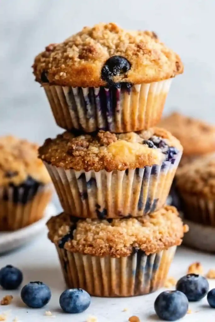 Stack of moist blueberry muffins with golden tops and fresh blueberries on a white background.