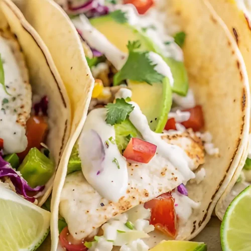 Close-up of baked fish tacos in corn tortillas with creamy garlic-lime sauce, avocado, cilantro, and colorful toppings.