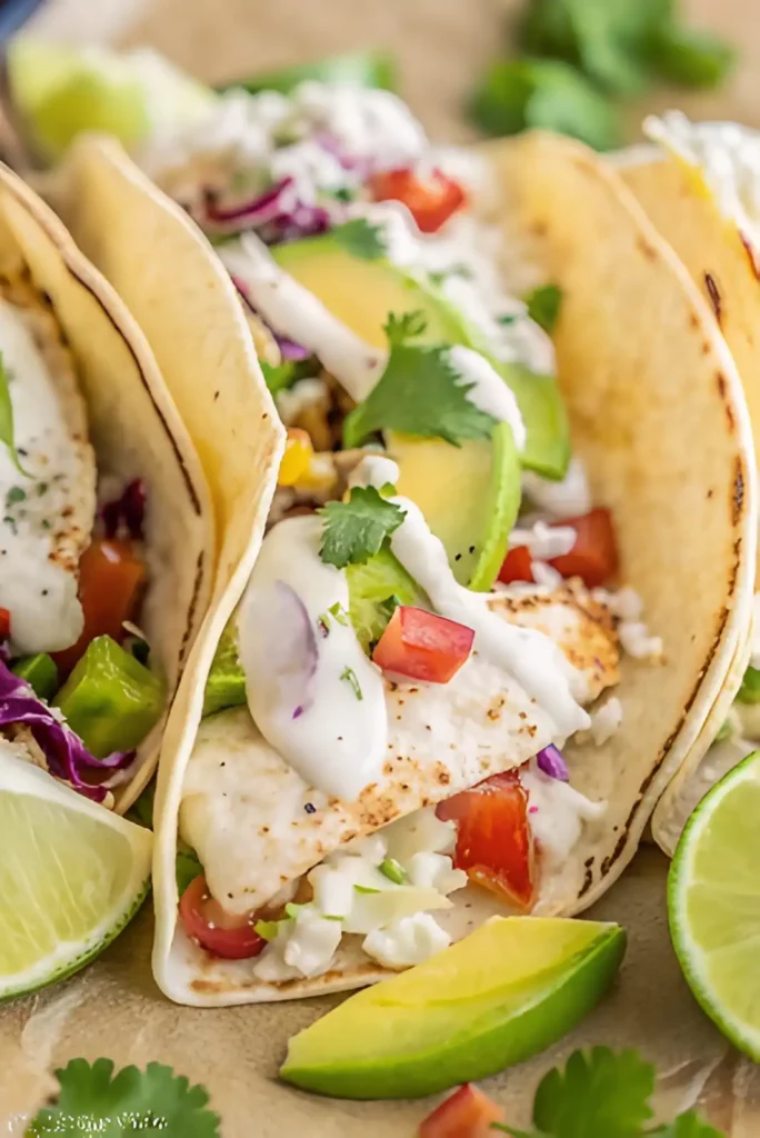 Close-up of baked fish tacos in corn tortillas with creamy garlic-lime sauce, avocado, cilantro, and colorful toppings.