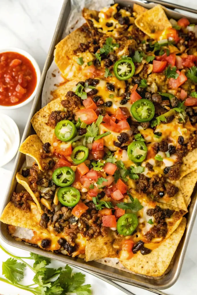 Loaded beef nachos topped with melted cheese, jalapeño slices, black beans, tomatoes, and cilantro on a sheet pan with salsa and sour cream on the side.