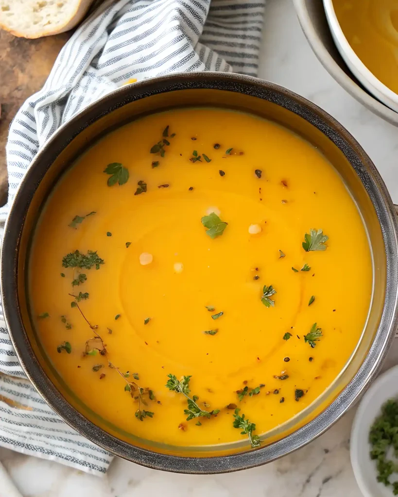 Bowl of butternut squash soup with fresh herbs and cracked pepper