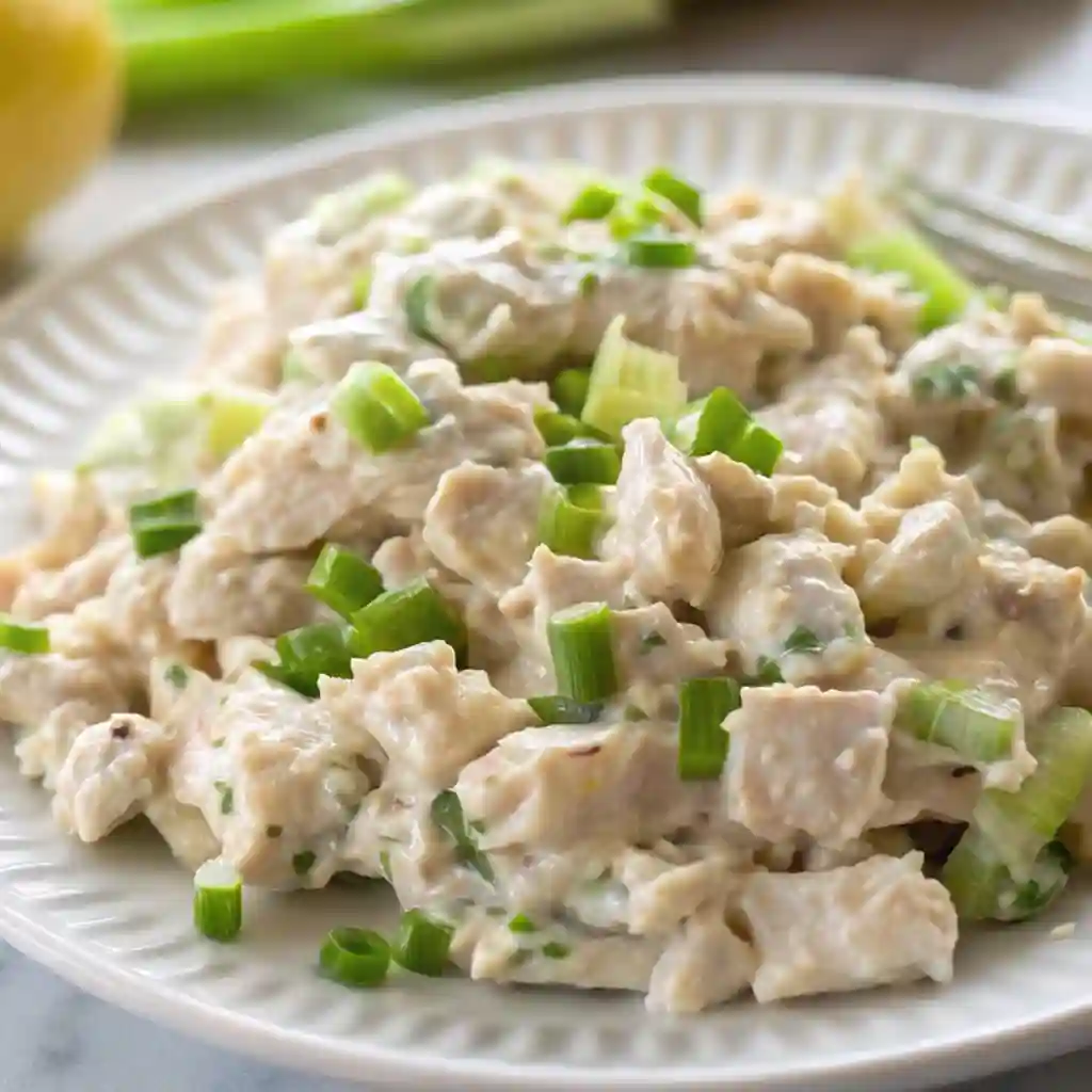 Plate of creamy chicken salad topped with sliced green onions