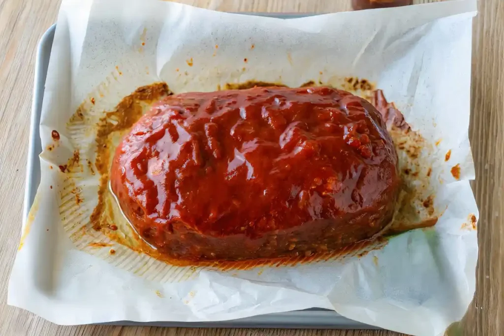 Unbaked meatloaf topped with glaze on a parchment-lined baking sheet.