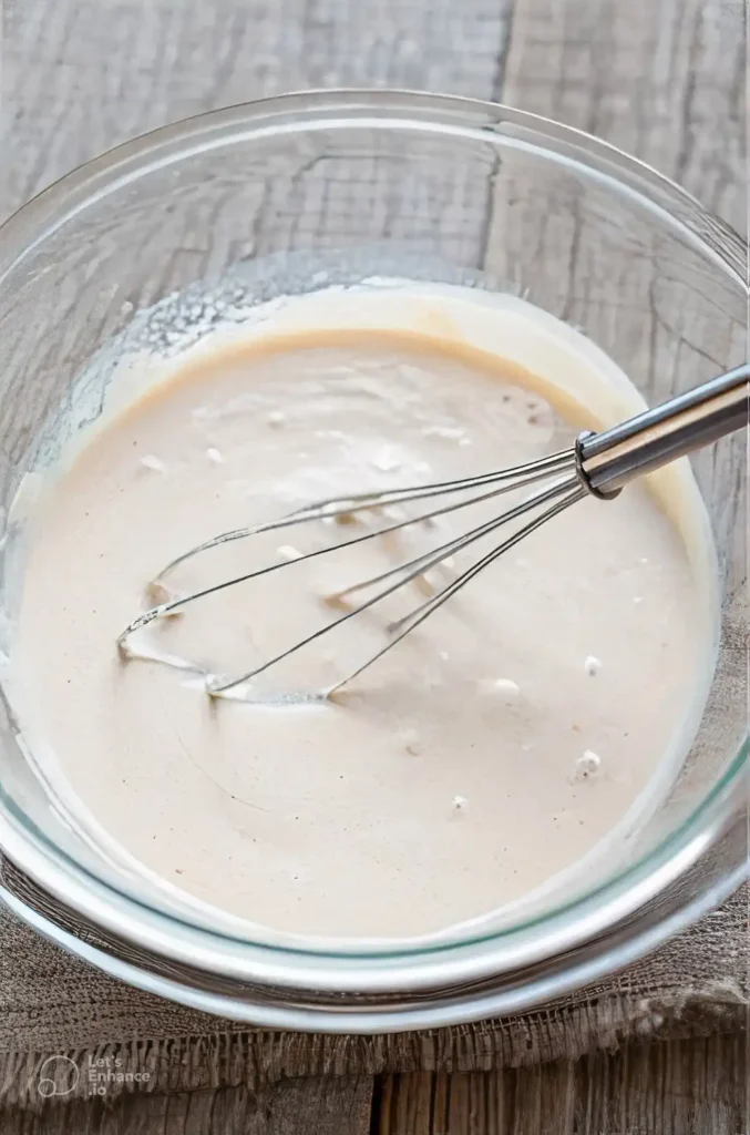 Garlic-lime taco sauce whisked in a glass bowl on a rustic wooden surface.