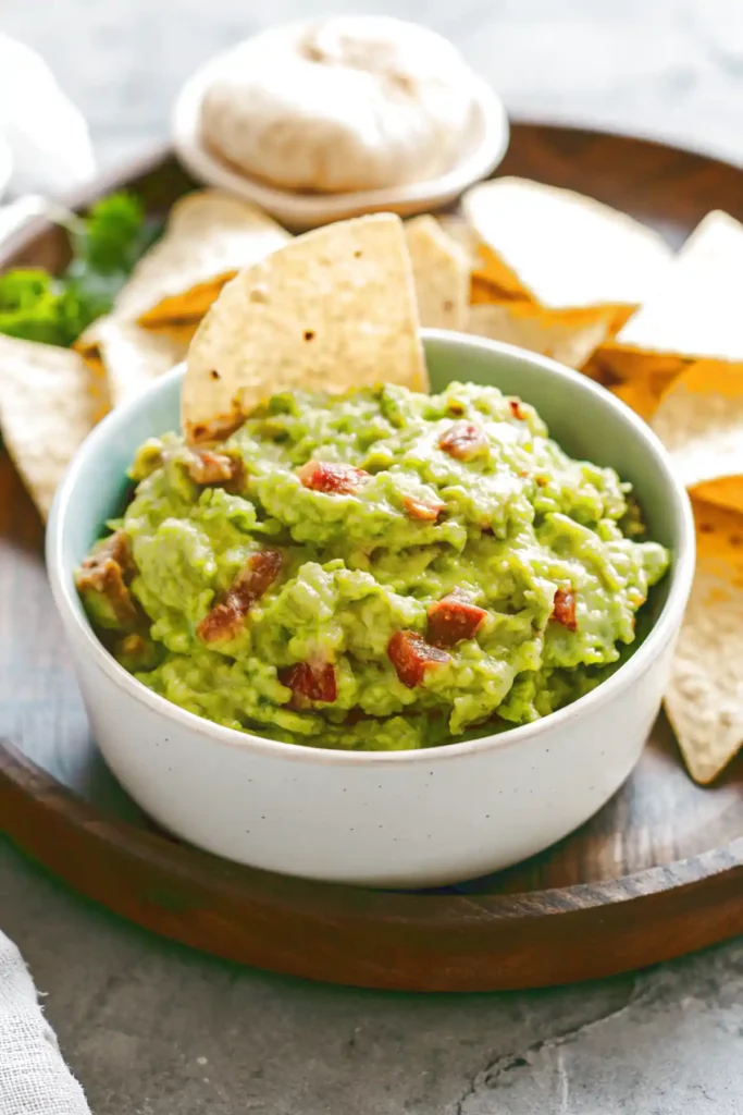 Bowl of the best guacamole topped with tomato chunks and served with tortilla chips