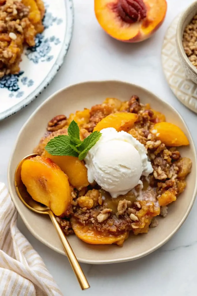 Plate of peach crisp with golden peach slices, crunchy oat topping, a scoop of vanilla ice cream, and a mint garnish.