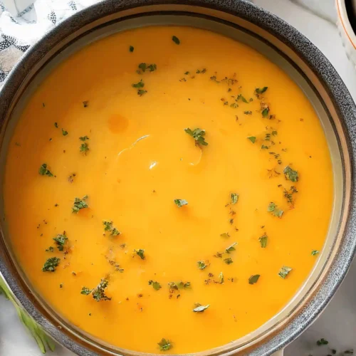 Bowl of creamy butternut squash soup topped with fresh herbs
