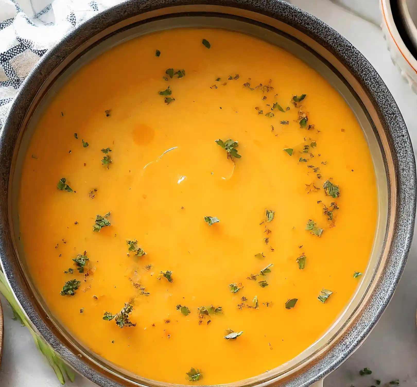 Bowl of creamy butternut squash soup topped with fresh herbs
