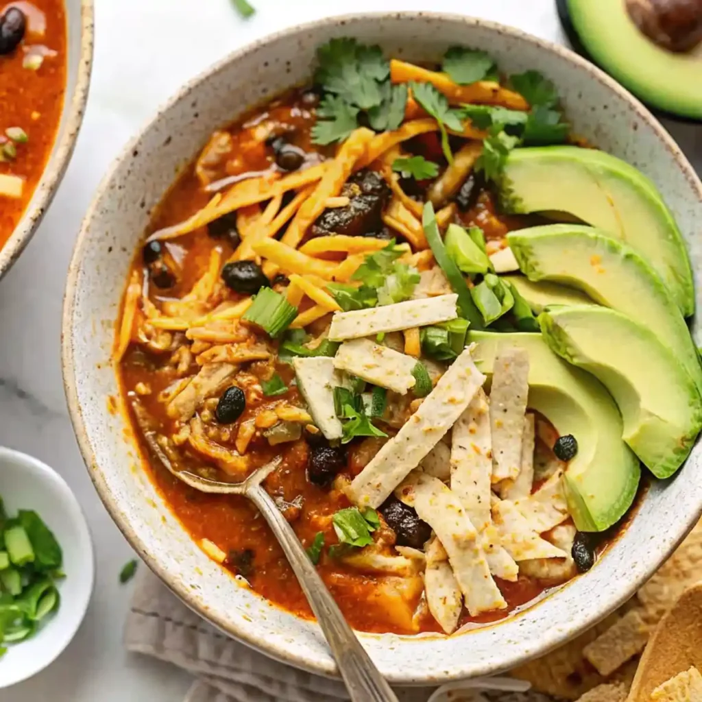 Chicken tortilla soup topped with avocado slices, shredded cheese, tortilla strips, cilantro, and green onions in a ceramic bowl.