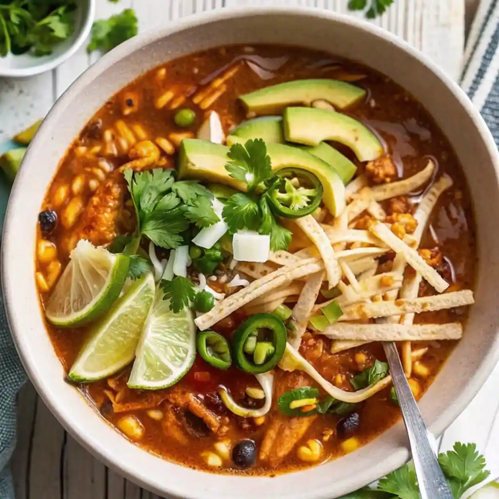 Bowl of chicken tortilla soup topped with avocado slices, lime wedges, jalapeños, cilantro, and crispy tortilla strips.