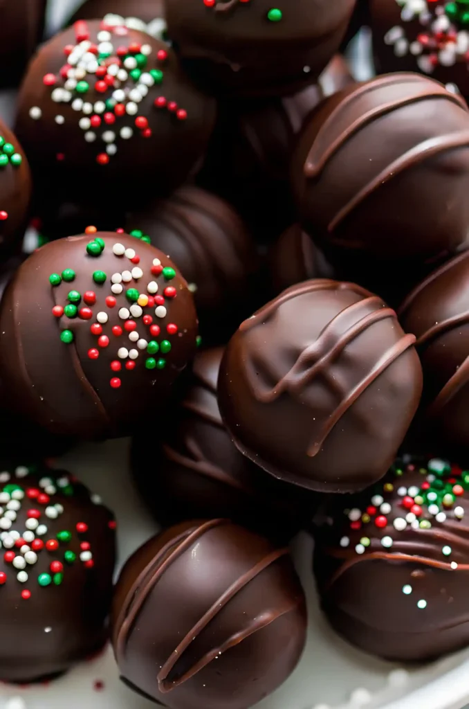 Chocolate covered peanut butter balls decorated with red green and white sprinkles and smooth chocolate drizzle.