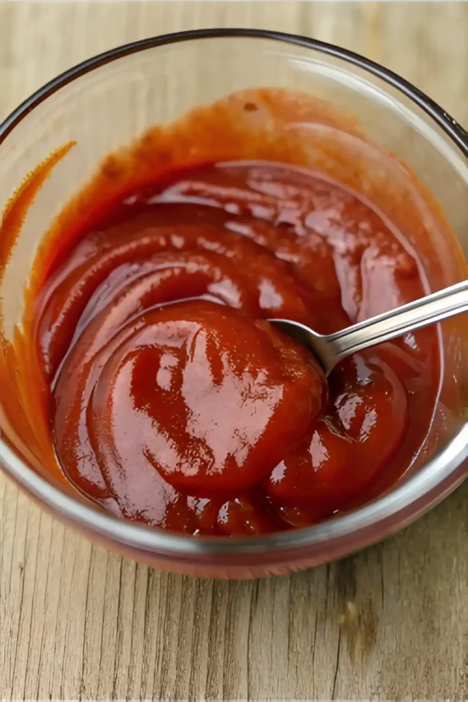 A bowl of rich, homemade meatloaf glaze with a spoon, ready for topping.