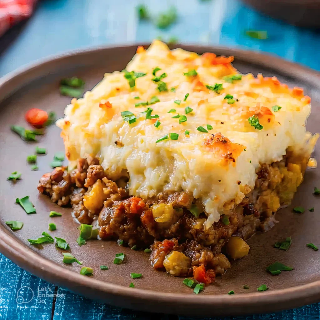 Classic shepherd’s pie slice on a brown plate with golden mashed potatoes and savory ground meat, topped with fresh chopped herbs.