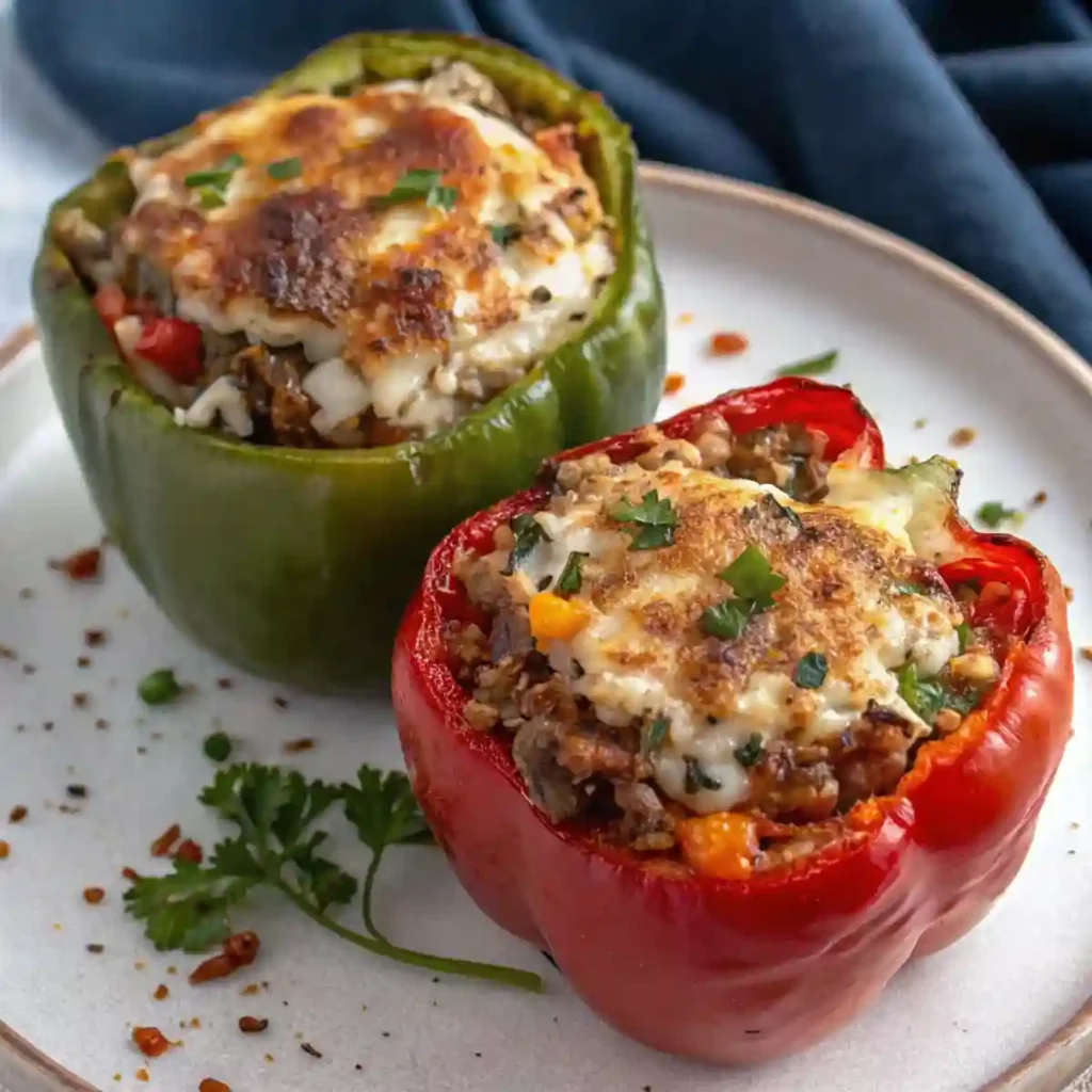 Two stuffed bell peppers with melted cheese on a ceramic plate, garnished with parsley