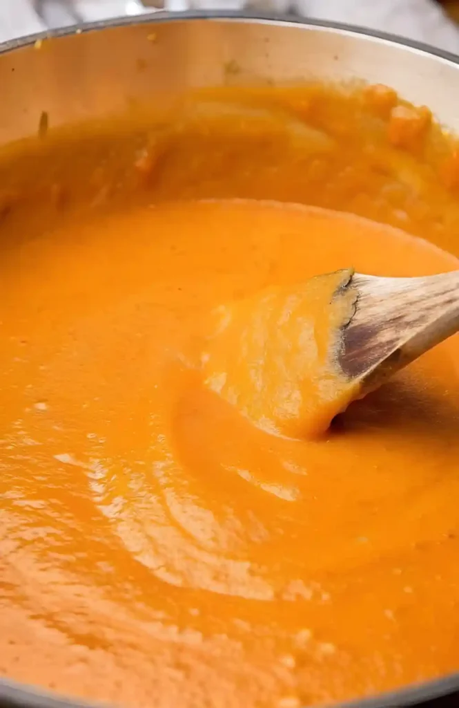 Stirring creamy butternut squash soup in a pot