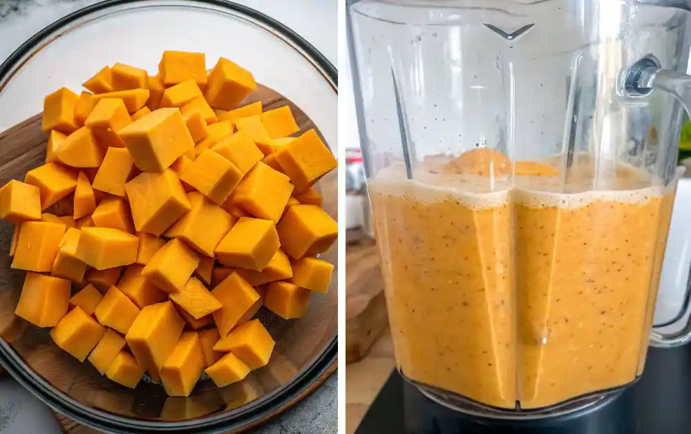 Cubed butternut squash in a bowl and blended soup in a blender