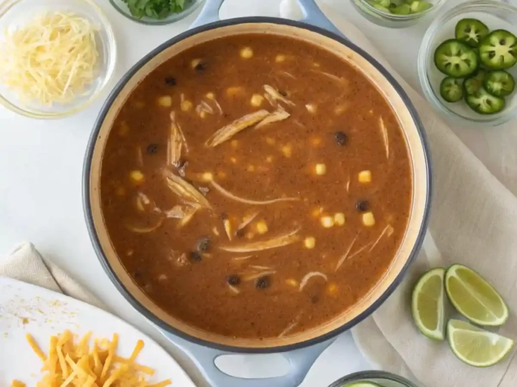Large pot of chicken tortilla soup with shredded chicken, corn, and black beans, surrounded by fresh toppings.