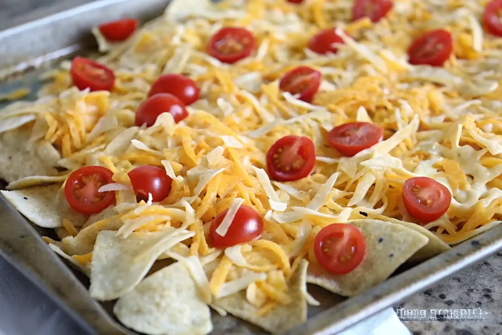 Sheet pan nachos topped with shredded cheese and halved cherry tomatoes on a baking tray.