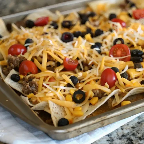 Sheet pan nachos topped with shredded cheese, cherry tomatoes, black olives, corn, and seasoned ground beef on a baking tray.