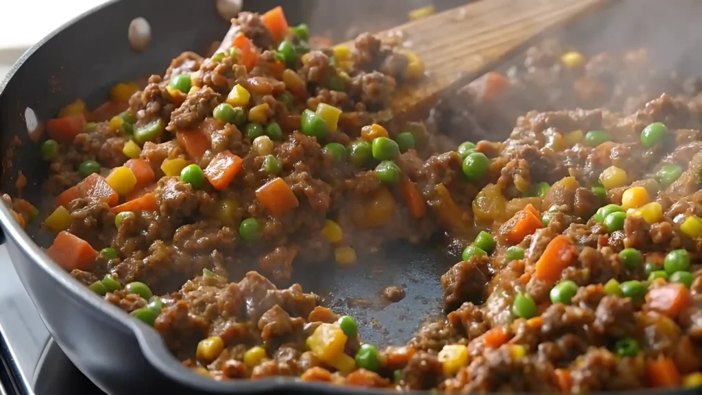 Ground meat mixture with peas, carrots, and corn cooking in a skillet, stirred with a wooden spoon, releasing steam.