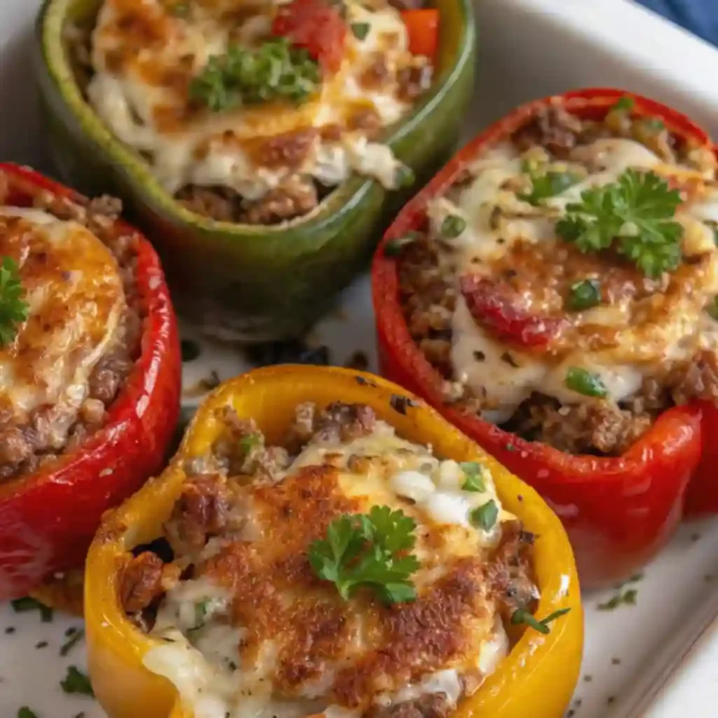 Stuffed bell peppers baked in a white dish, topped with melted cheese and parsley