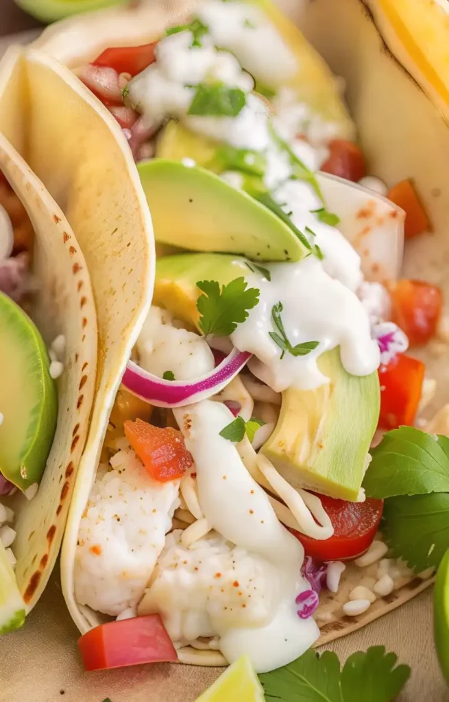 Close-up of easy fish tacos with avocado, red onion, tomato, and creamy white sauce in corn tortillas.