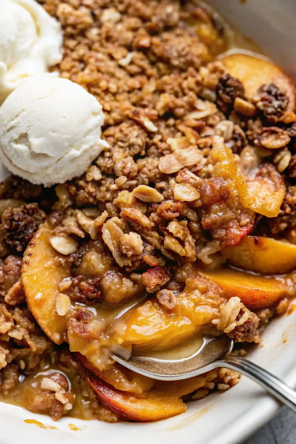Warm peach crisp with juicy peach slices, crunchy oat topping, and melting vanilla ice cream with a spoon scooping the filling.