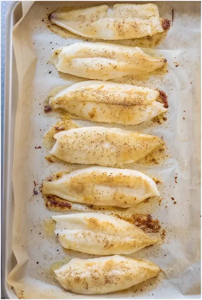 Seasoned tilapia fillets baking on a parchment-lined sheet pan.
