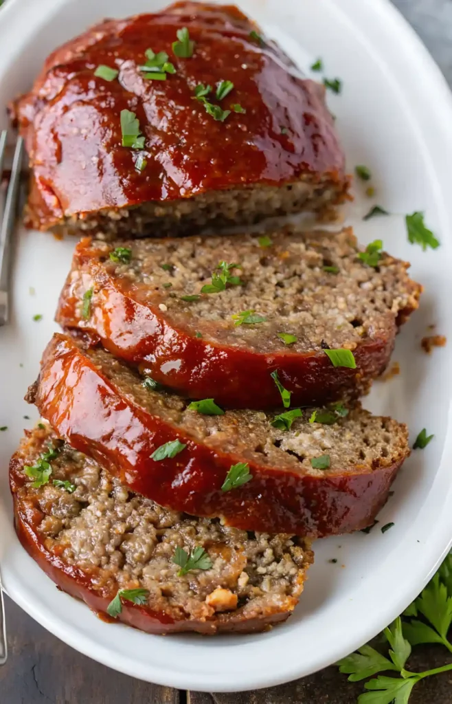 Homemade meatloaf sliced and served on a white oval plate with fresh parsley on top.