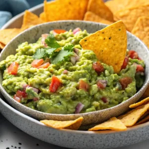 Bowl of homemade guacamole recipe topped with cilantro, served with crunchy tortilla chips