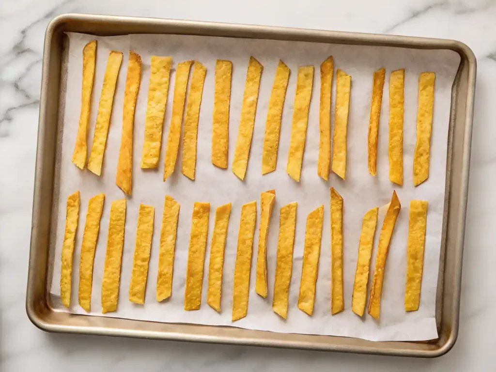 Crispy baked tortilla strips laid out on a parchment-lined baking sheet.