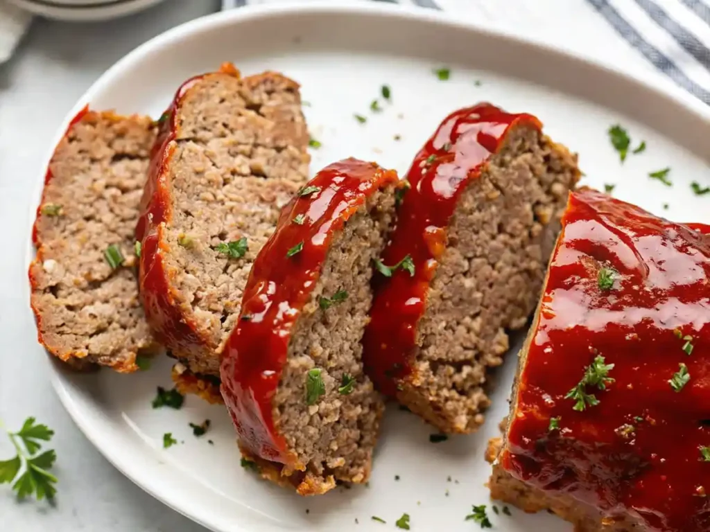 Sliced homemade meatloaf with glossy red glaze, served on a white platter and garnished with chopped parsley.