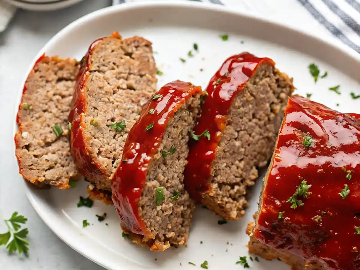Sliced homemade meatloaf with glossy red glaze, served on a white platter and garnished with chopped parsley.