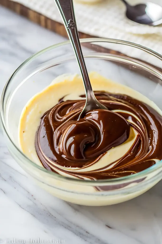 Glass bowl with vanilla cake batter and melted chocolate being swirled together using a spoon