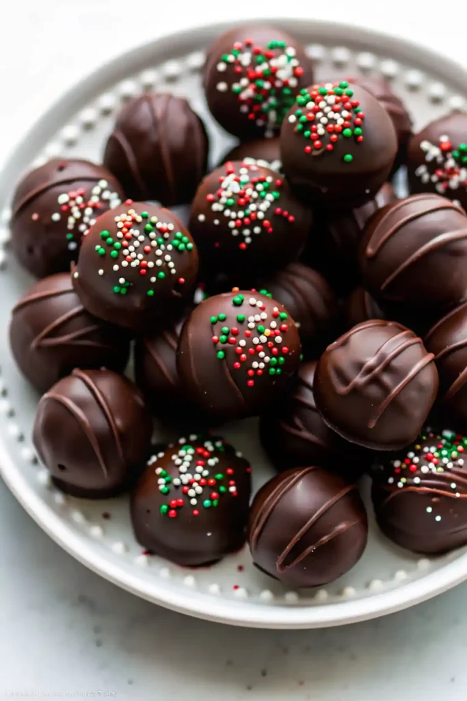 Chocolate covered peanut butter balls on a white plate topped with festive red green and white sprinkles.