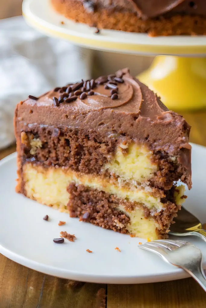 Slice of one-batter marble cake with chocolate frosting and sprinkles on a white plate